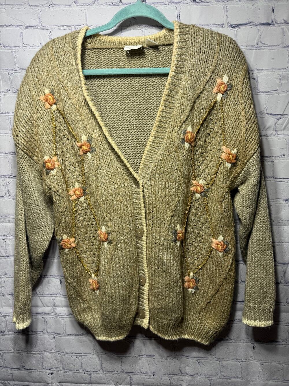 Needles & Yarn Womens VTG Cottagecore Embroidered Cardigan Tan Sz L